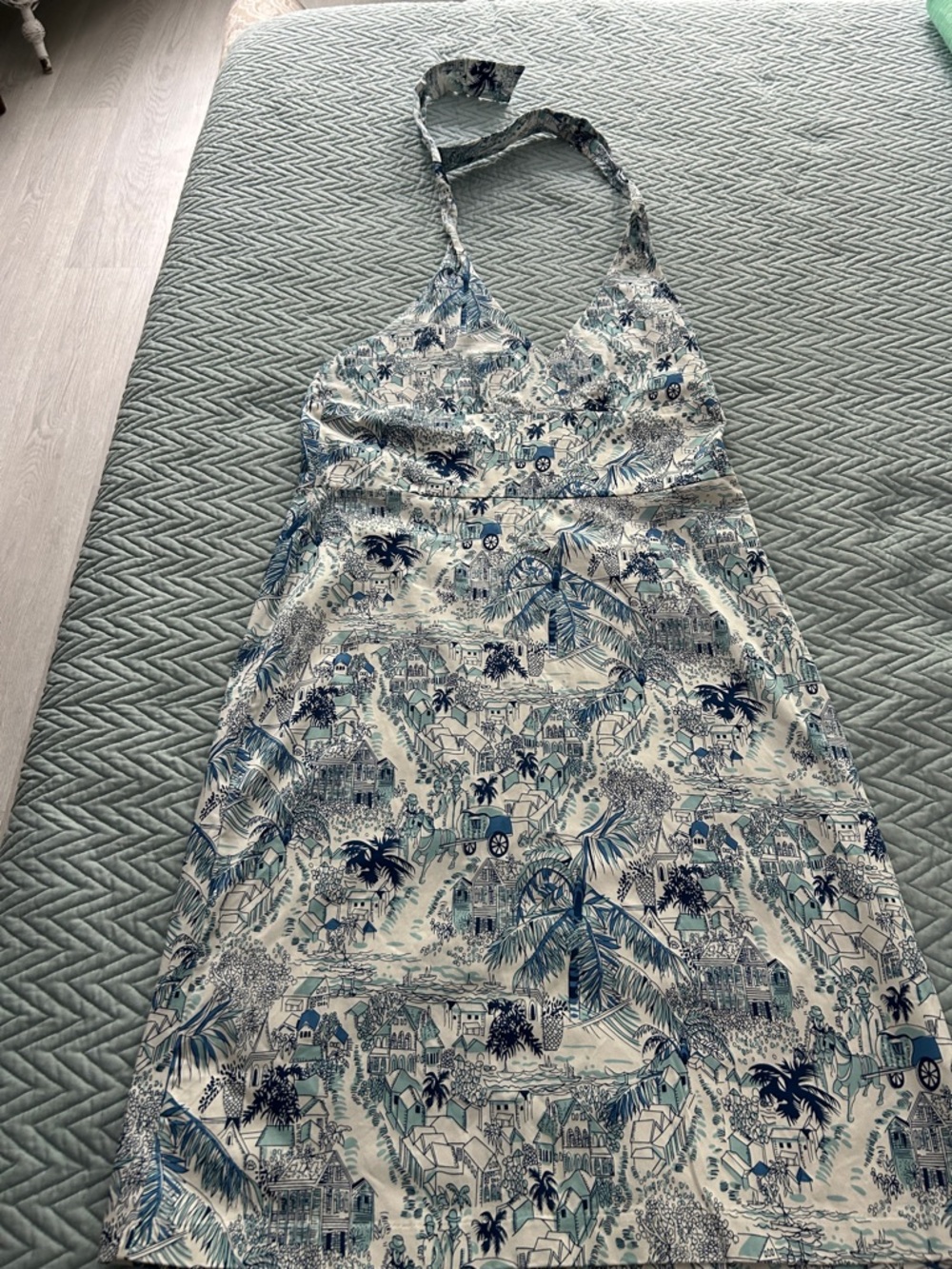 Vintage Blue & White Tropical Print Halter Dress